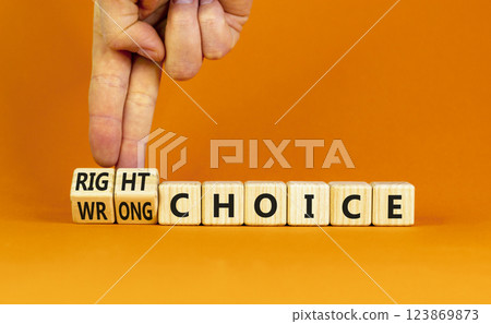 Right or wrong choice symbol. Concept words Right choice or Wrong choice on beautiful wooden blocks. Beautiful orange table orange background. Business right or wrong choice concept. Copy space. Right or wrong choice symbol. Concept words Right choice or Wrong choice on beautiful wooden blocks. Beautiful orange table orange background. Business right or wrong choice concept. Copy space. 123869873