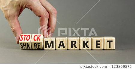 Stock or share market symbol. Concept words Stock market or Share market on beautiful wooden blocks. Beautiful grey background. Businessman hand. Business stock or share market concept. Copy space. Stock or share market symbol. Concept words Stock market or Share market on beautiful wooden blocks. Beautiful grey background. Businessman hand. Business stock or share market concept. Copy space. 123869875