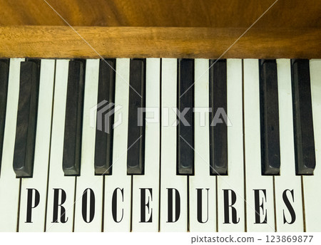 Procedures symbol. Concept word Procedures on beautiful keys of the old retro piano. Beautiful piano-keys background. Black and white keys of the piano. Business procedures concept. Copy space. Procedures symbol. Concept word Procedures on beautiful keys of the old retro piano. Beautiful piano-keys background. Black and white keys of the piano. Business procedures concept. Copy space. 123869877
