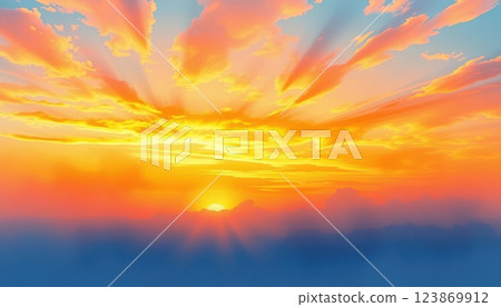 a view of a sunset over the clouds with a bright sun 123869912