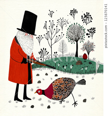A bearded hunter pointing a shotgun at a pheasant. An old man in a tophat and a wild bird in the field. AI-generated illustration 123870141