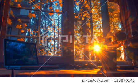 Window in the country house looking at autumn forest. Open laptop computer is on the window sill. Window in the country house looking at autumn forest. Open laptop computer is on the window sill. 123870142