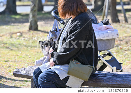 A woman walking her dog, a Chihuahua in a dog bag A woman walking her dog, a Chihuahua in a dog bag 123870226