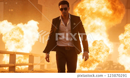 Confident man in black suit and sunglasses walking away from explosions with smoke in background 123870291