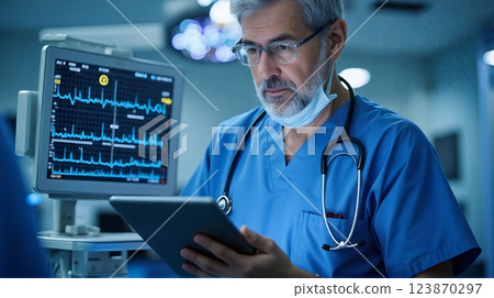 Senior male doctor analyzing patient's heart rate on monitor in hospital exam room with digital tablet 123870297