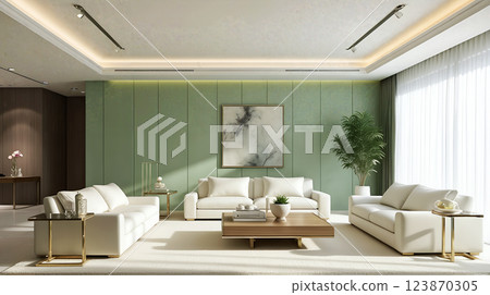 Modern elegant living room with white sofas, coffee table, and green accent wall in natural light 123870305
