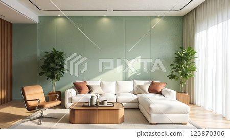 Modern living room with white sofa, green walls, and natural light from large windows creating a cozy atmosphere 123870306