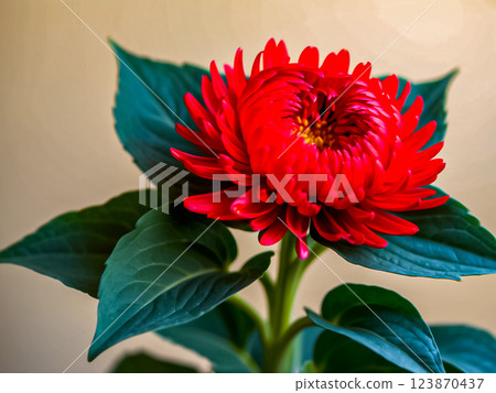 Scene of beautiful blooming red chrysanthemum flower with green leaves. 123870437