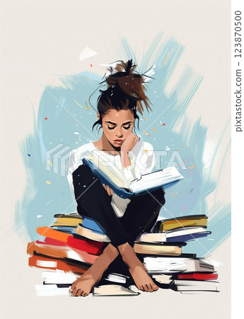 Teenage girl reads a book sitting on a pile of them. Back to school story. Vertical layout 123870500