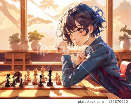 Illustration material of a young woman playing chess 123870610