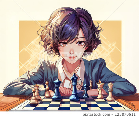 Illustration material of a young woman playing chess 123870611