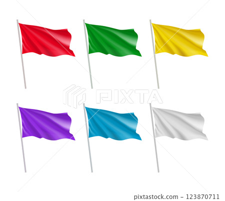 Colorful vertical flags set isolated on white background. Realistic wavy flag on pole mockup for outdoor presentation and exhibition. Product branding, advertising and promotion vector illustration. Colorful vertical flags set isolated on white background. Realistic wavy flag on pole mockup for outdoor presentation and exhibition. Product branding, advertising and promotion vector illustration. 123870711