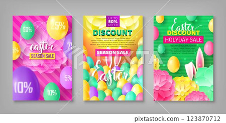 Easter banner set. Collection of stickers on festive theme with eggs, rabbit ears. Vector illustration of leaflets with discounts and sales Easter banner set. Collection of stickers on festive theme with eggs, rabbit ears. Vector illustration of leaflets with discounts and sales 123870712