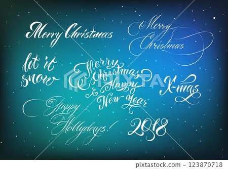 Christmas lettering 2018, blue background, snowflakes. Congratulatory inscriptions in white ink. Vector illustration with graceful fonts 123870718