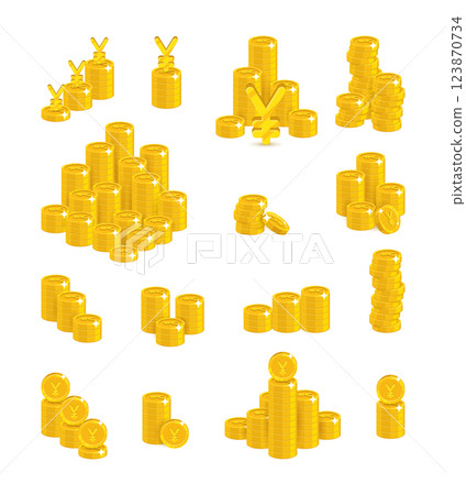 Slides gold Chinese yuan or Japanese yen isolated cartoon set. A lot of slides and piles of gold yuan or yen and yuan or yen signs. Gold stacks of pieces vector illustration 123870734