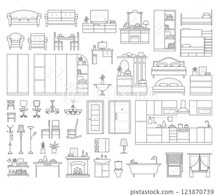 Vector icons set of house interior furniture. Collection in thin linear style. elements of kitchen, bathroom, bedroom, wardrobe and living room table, office desk and chair, lamp, sofa and bed. Vector icons set of house interior furniture. Collection in thin linear style. elements of kitchen, bathroom, bedroom, wardrobe and living room table, office desk and chair, lamp, sofa and bed. 123870739