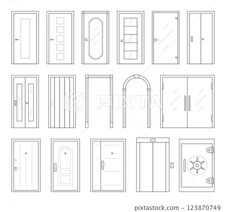 Icons set of doors types. Collection in thin linear style. Entrance to the house, classic wooden or glass interior doors, lift and safe. Simple design. Vector illustration isolated on white background Icons set of doors types. Collection in thin linear style. Entrance to the house, classic wooden or glass interior doors, lift and safe. Simple design. Vector illustration isolated on white background 123870749