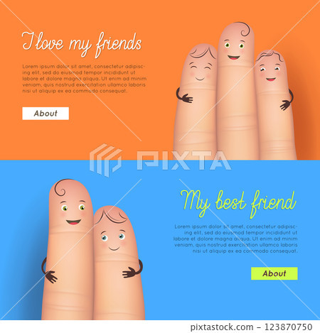 My best friend finger card set. Happy friendship day poster, greeting for a close person. Flat style vector realistic illustration isolated on blue and orange background My best friend finger card set. Happy friendship day poster, greeting for a close person. Flat style vector realistic illustration isolated on blue and orange background 123870750