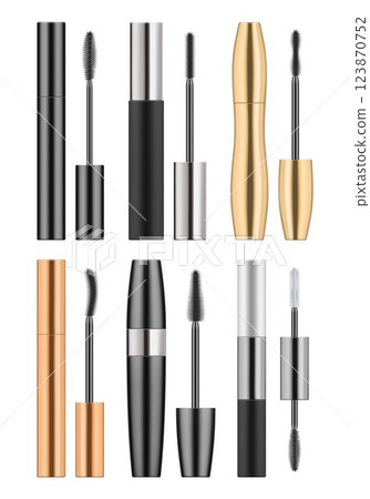 Set of 3d realistic blank template of black, golden and silver metallic tubes with mascara and different types of brush. Container of cosmetic product for eye beauty. Vector illustration on white. 123870752
