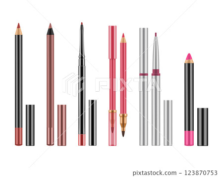 Collection of colorful lip liners. Set of realistic red, pink, nude pencils with caps for contour. Vector illustration with glamour decorative cosmetic isolated on white background. Collection of colorful lip liners. Set of realistic red, pink, nude pencils with caps for contour. Vector illustration with glamour decorative cosmetic isolated on white background. 123870753