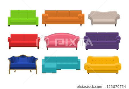 Set of colorful sofa. Icon collection of furniture for an house interior, living room classic, modern and vintage couches, settee with soft cushion. Vector flat illustration isolated on white Set of colorful sofa. Icon collection of furniture for an house interior, living room classic, modern and vintage couches, settee with soft cushion. Vector flat illustration isolated on white 123870754