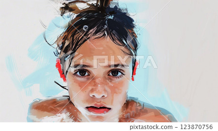 Portrait of a teenage girl in red headphones in the swimming pool. Back to school story 123870756