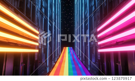 vibrant, futuristic pathway illuminated by colorful neon lights leads through narrow corridor, creating mesmerizing atmosphere 123870917