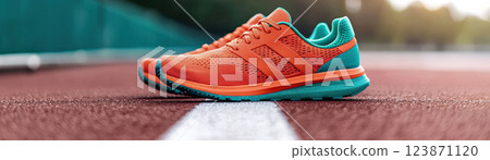focused shot of vibrant orange running shoes on track, showcasing their design and colors 123871120