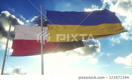 Polish and Ukrainian flag on flagpole. Poland and Ukraine waving flag in wind. Poland and Ukraine diplomatic concept. 3d illustration Polish and Ukrainian flag on flagpole. Poland and Ukraine waving flag in wind. Poland and Ukraine diplomatic concept. 3d illustration 123871394