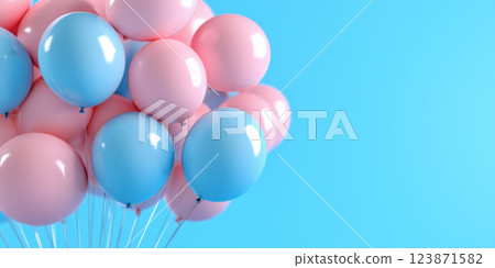 Pink and blue balloons floating against bright blue background, creating cheerful scene 123871582