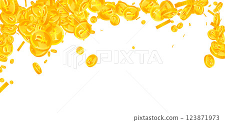 Russian ruble coins falling. Scattered gold RUB coins. Russia money. Jackpot wealth or success concept. Wide vector illustration. Russian ruble coins falling. Scattered gold RUB coins. Russia money. Jackpot wealth or success concept. Wide vector illustration. 123871973