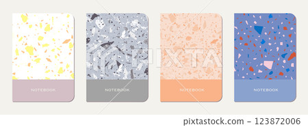 Notebook cover design. Terrazzo abstract background made of natural stones, granite, quartz and marble. Venetian terrazzo texture notebook cover template. Notebook cover design. Terrazzo abstract background made of natural stones, granite, quartz and marble. Venetian terrazzo texture notebook cover template. 123872006