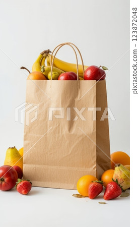 Paper Grocery Bag with Fresh Fruit on White Background Consumerism Organic Food Concept Paper Grocery Bag with Fresh Fruit on White Background Consumerism Organic Food Concept 123872048