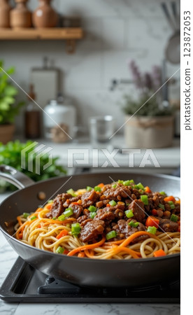 Close-Up of Spaghetti Noodles with Sauce in a Pan in the Kitchen 123872053