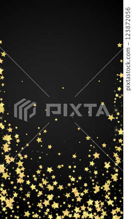 Magic stars vector overlay. Gold stars scattered around randomly, falling down, floating. Chaotic dreamy childish overlay template. Vector magic overlay on black background. 123872056