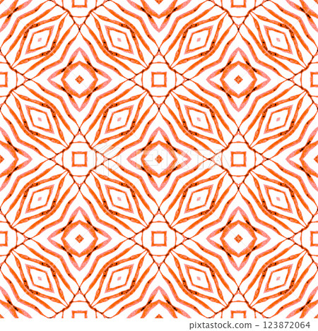 Tiled watercolor background. Orange marvelous boho chic summer design. Hand painted tiled watercolor border. Textile ready beautiful print, swimwear fabric, wallpaper, wrapping. 123872064