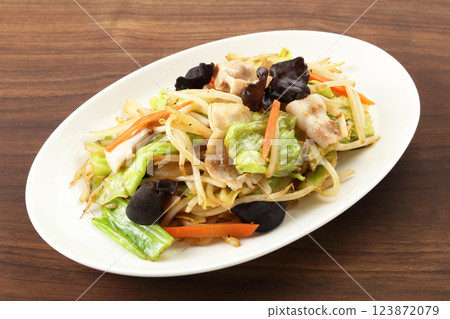 Stir-fried vegetables on the table, high angle Stir-fried vegetables on the table, high angle 123872079