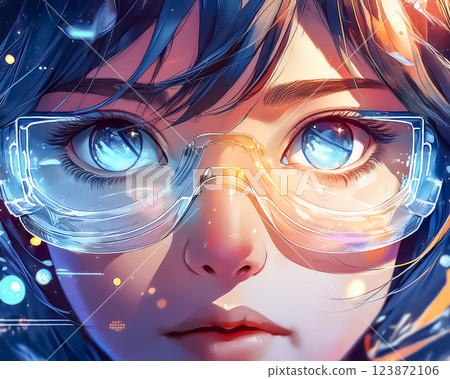 Stock image of a woman looking at data projected onto smart glasses 123872106