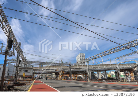 Urban Railway Intersection with Overpasses and Road Traffic, Tokyo Dec 8 2024 Urban Railway Intersection with Overpasses and Road Traffic, Tokyo Dec 8 2024 123872196