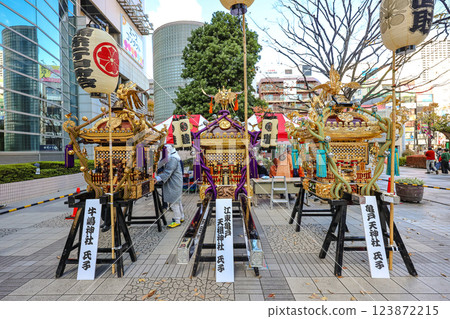 Dec 8 2024 Traditional Japanese Mikoshi Shrine at a Cultural Festival, Japan Dec 8 2024 Traditional Japanese Mikoshi Shrine at a Cultural Festival, Japan 123872215