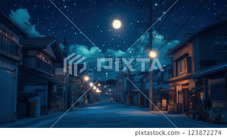 A quiet night street lit by the moon 123872274