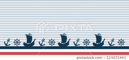 Nautical background with ships, anchor and steering wheel. Seamless border. Flat style illustration. 123872441