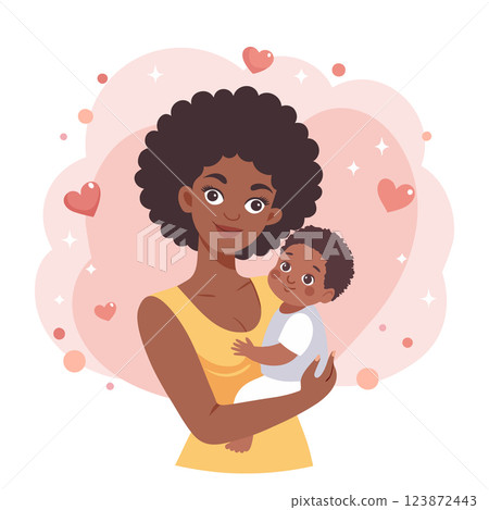 Beautiful black mother and child. Loving mother holding her adorable baby in her arms. Happy family illustration. 123872443