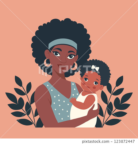Beautiful black mother and child. Happy mother holding her daughter in her arms. Mother's day card. Flat style illustration. 123872447
