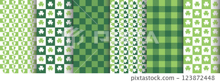 Set of seamless geometric patterns with clover leaves. St. Patrick's Day. Surface design for textile, fabric. Green and white colors. Set of seamless geometric patterns with clover leaves. St. Patrick's Day. Surface design for textile, fabric. Green and white colors. 123872448