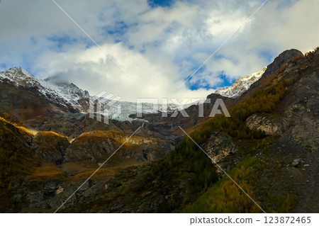 View of landscape furi mountain in autumn season from cable car in zermatt, swiss 123872465