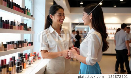 friendly interaction between asian beauty consultant and customer in a modern cosmetic store, concept of customer service and skincare retail 123872501