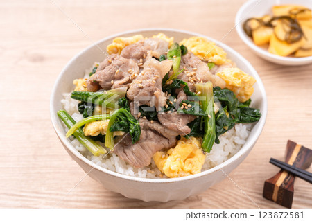 Chinese stir-fried pork and spinach rice bowl 123872581