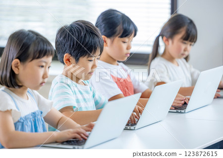 Children learning on a computer 123872615
