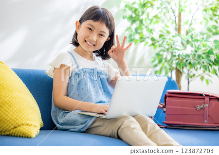 Elementary school student using a computer in the living room 123872703